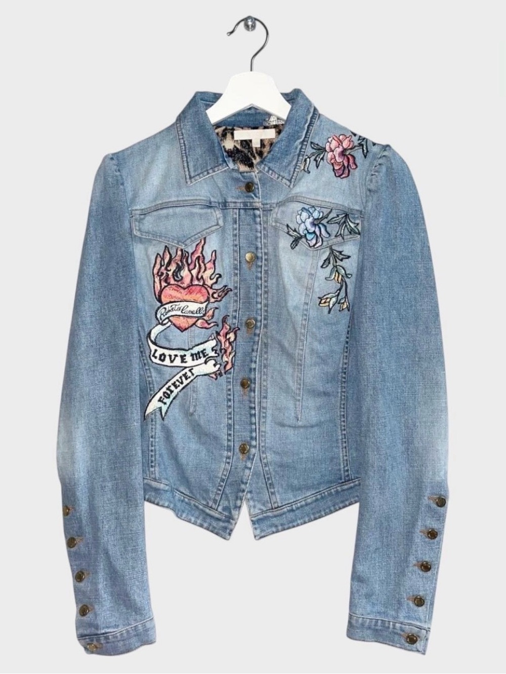 Roberto Cavalli Light Blue Embroidered Denim Jacket with Hearts & Florals